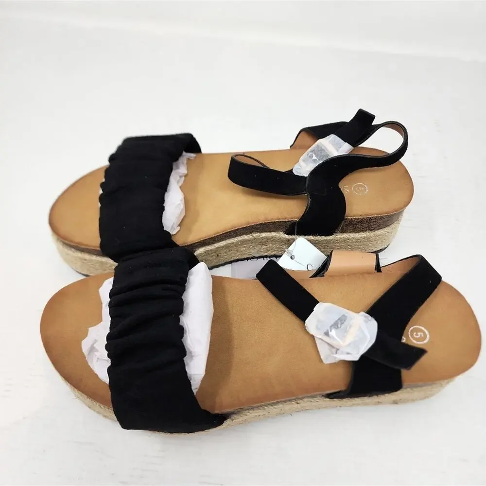 Black Wedge Espadrilles Sandals Platform Buckle Summer‎ Shoes Women's Size 5 NWT